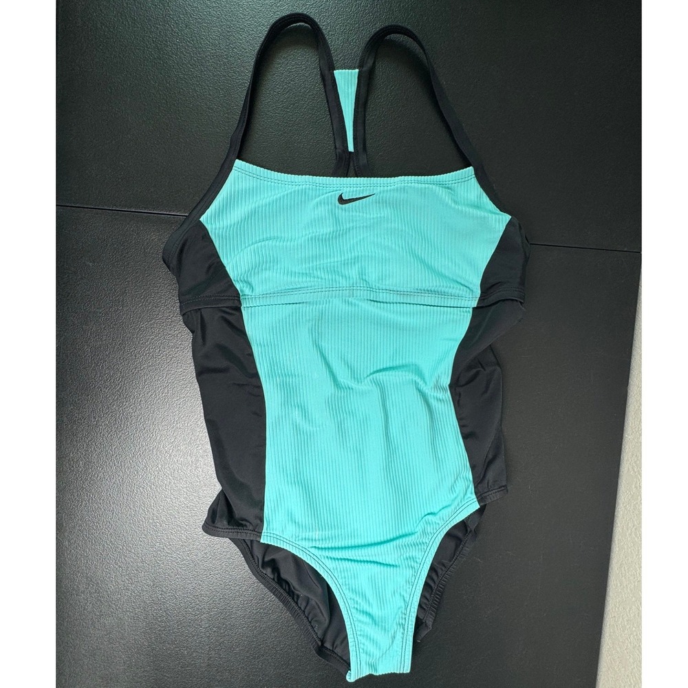 Nike Womens One Piece Swimsuit Aqua Black Ribbed Racerback NESSA409 Size M